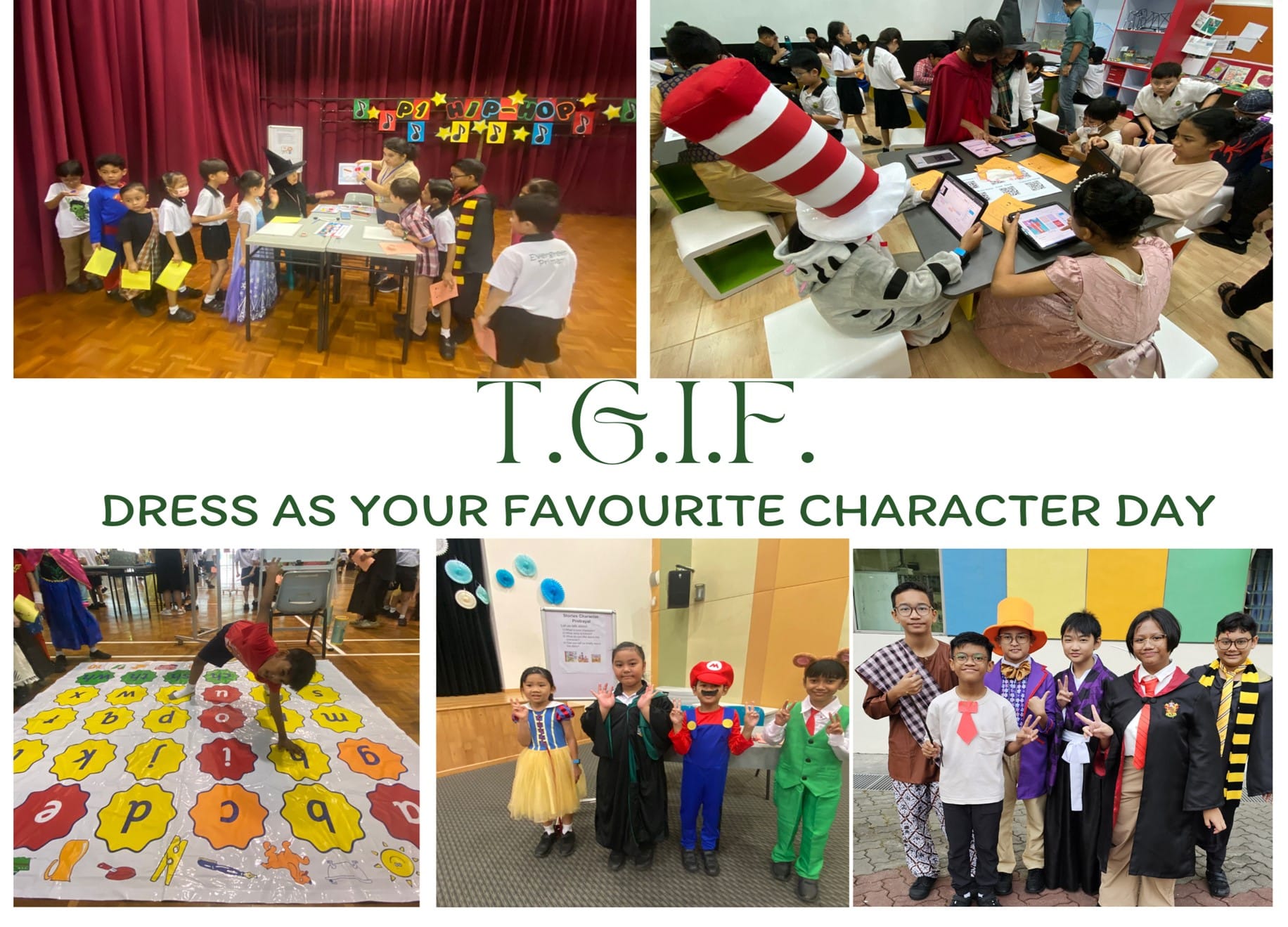 Students in costumes like Mario, Harry Potter, and Snow White celebrate T.G.I.F. Dress As Your Favourite Character Day.